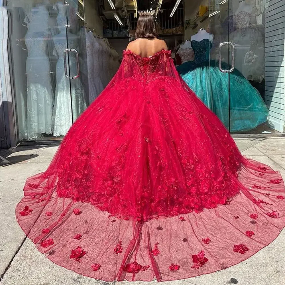 Angelsbridep Charming Red Ball Gown Quinceanera Dresses With 3D Handmade Flower Cape Lace Up Prom Party Dress Vestidos De Festa