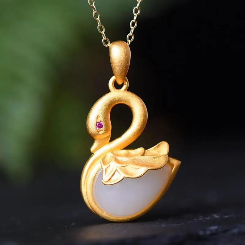 Genuine China Nephrite Stone White Hetian Jade 925 Silver Swan Pendant Necklace Women Certified Jewelry For Girlfriend Mom Gifts
