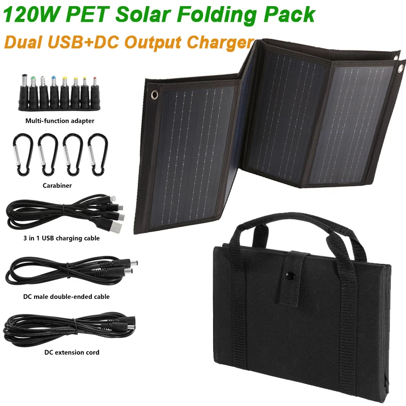 

120W 18V PET Solar Panel Portable Solar Folding Pack Dual USB+DC Output Charger For Phone Outdoor Hiking Camping Power Supply