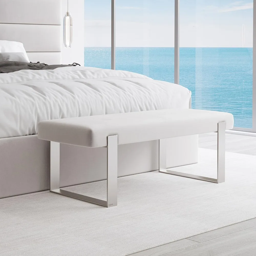 ม้านั่งเตียงหุ้มเบาะ - กำมะหยี่สีเทาแพลตตินัม - นิกเกิลขัดเงา - โมเดิร์นร่วมสมัย, ม้านั่งในห้องนอน, ห้องโถง