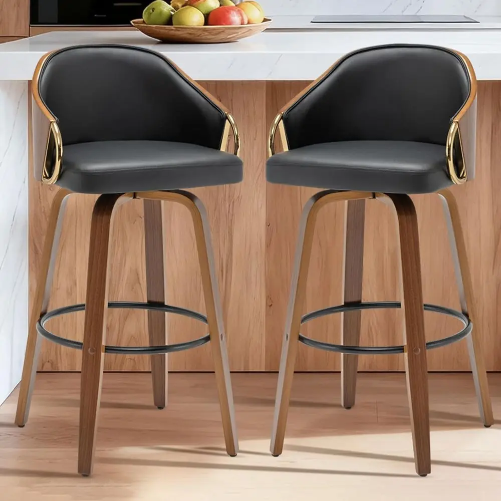 

Set of 2 Black Leather Swivel Bar Stools with Wood Legs for Kitchen, Dining, and Pub Use