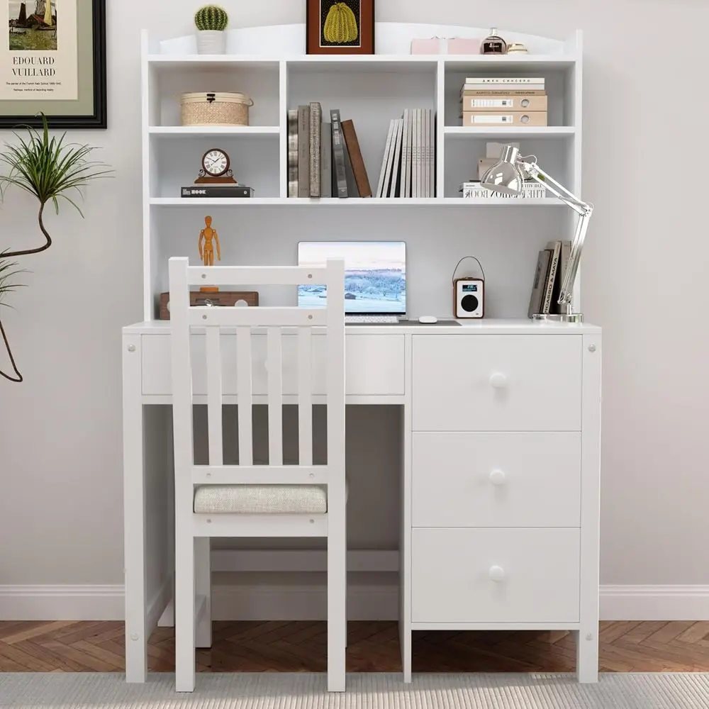 

40 Vintage Home Office Desk with Bookshelf, Chair, and Storage for Bedroom or Living Room (White)