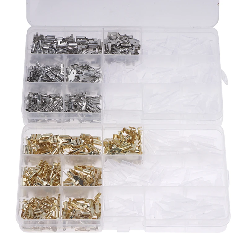 Boxed 2.8/4.8/6.3mm Spade Crimp Terminals Male Female Wire Connector Electrical Terminals Assorted Kit Lightweight Gold/Sliver