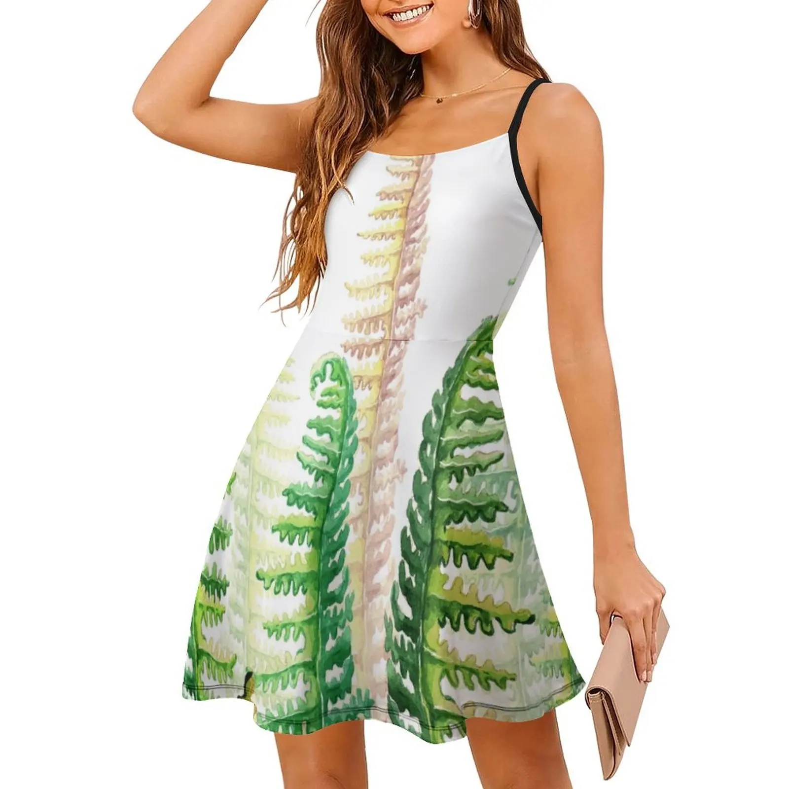 فستان Green Ferns للسيدات هيب هوب ملابس الشارع مطبوع عليه رسومات جرافيكية للحفلات والنوادي بألوان مائية طبيعية لفستانها الأخضر