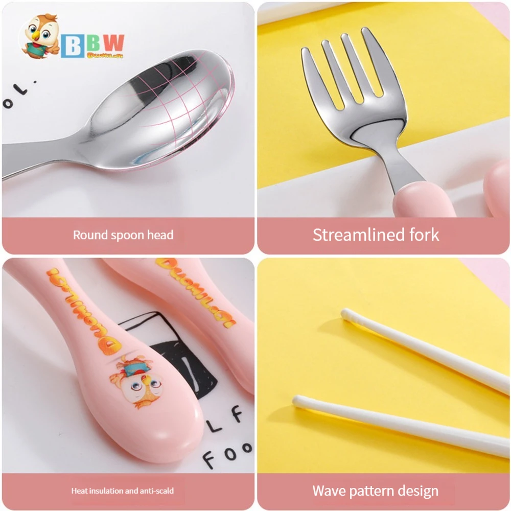 2 PCS Kids Tableware Stainless Steel Fork Spoon Eating Training Spoon Food Supplement Spoon