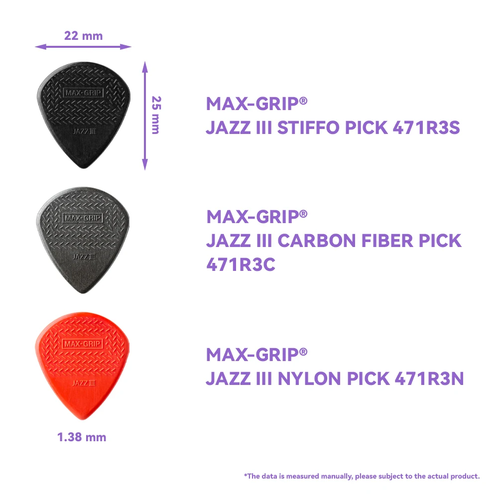 Dunlop Púas de Guitarra Nylon Max Grip Jazz III Plectro Mediator 471 1.38mm para Bajo Acústico Guitarra Eléctrica Accesorios