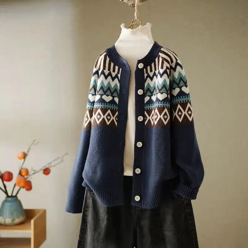 Fashion Women Knitted Sweaters Coat Geometric Jacquard Autumn Winter Korean New Long Sleeve V-Neck Button Cardigans Casual Tops