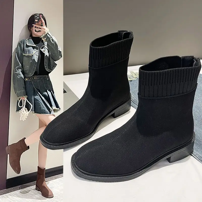 Women Square Toe Knit Ankle Boots Soft Suede Mid Heel Stretchy Rubber Sole Short Booties Fashion Fall Winter Shoes