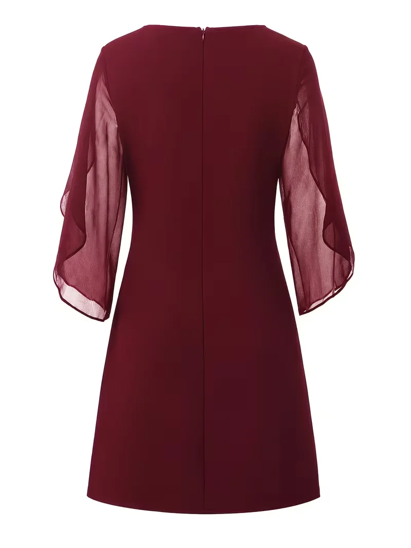 Elegantes Damenkleid mit Rundhalsausschnitt, Sommerkleid mit Schlitz, 3/4-Ärmeln, Knöpfen, für Büro und Arbeit, Figurbetontes Bleistift-Midikleid – Detail 5