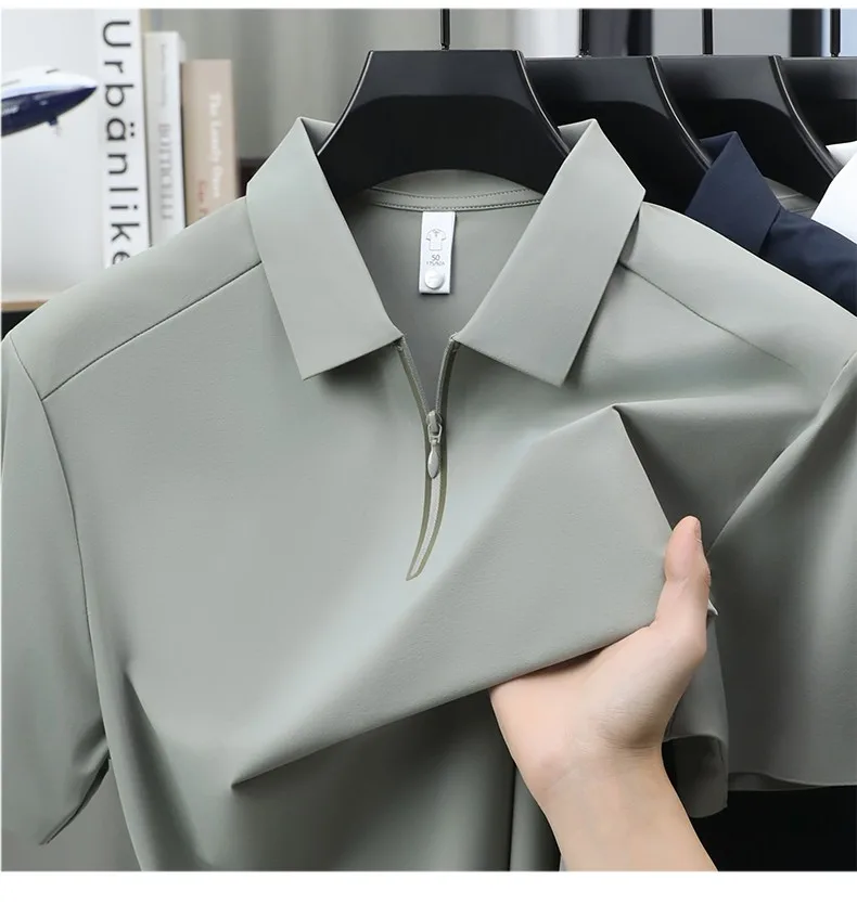 Luxuriöses Herren-Poloshirt mit halbem Reißverschluss kurzärmelig einfarbig hochwertige Eisseide atmungsaktiv Sommer neu lässig modisch T-Shirt – Detail 4