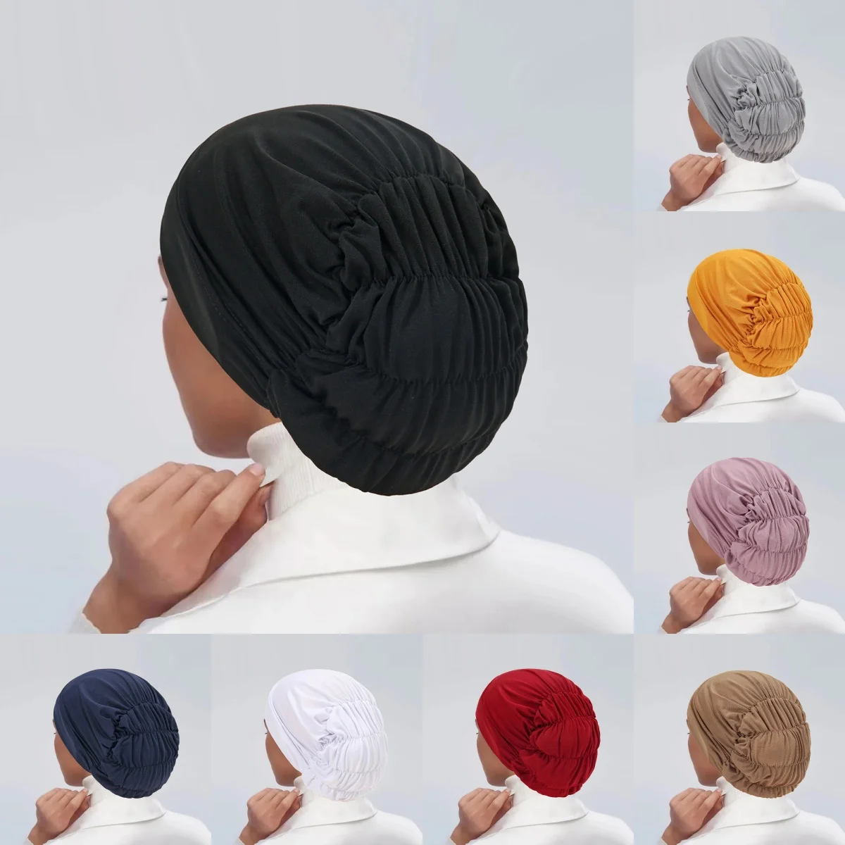 

Сплошной цвет, женский мусульманский хиджаб, кепка с рюшами, мягкая эластичная шапка под шарфом, тюрбан, исламский платок, регулируемый капот