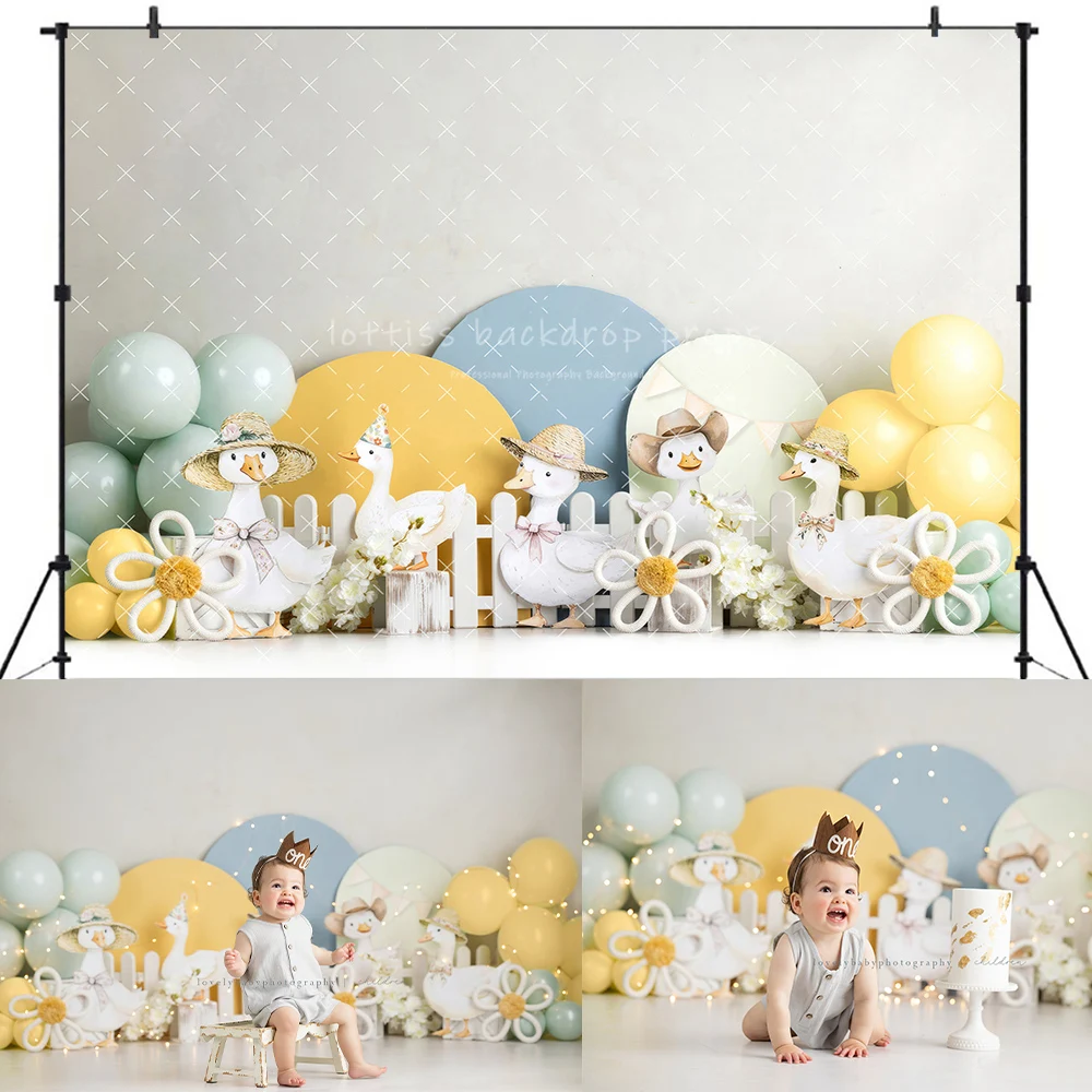 Urocza Głupia Gęś z Kwiatowymi Łukami Tła Dziecięce Baby Cake Smash 1 Roczek Rekwizyty Ogród Drewniany Płot Dekoracja Tło — zdjęcie produktu 4