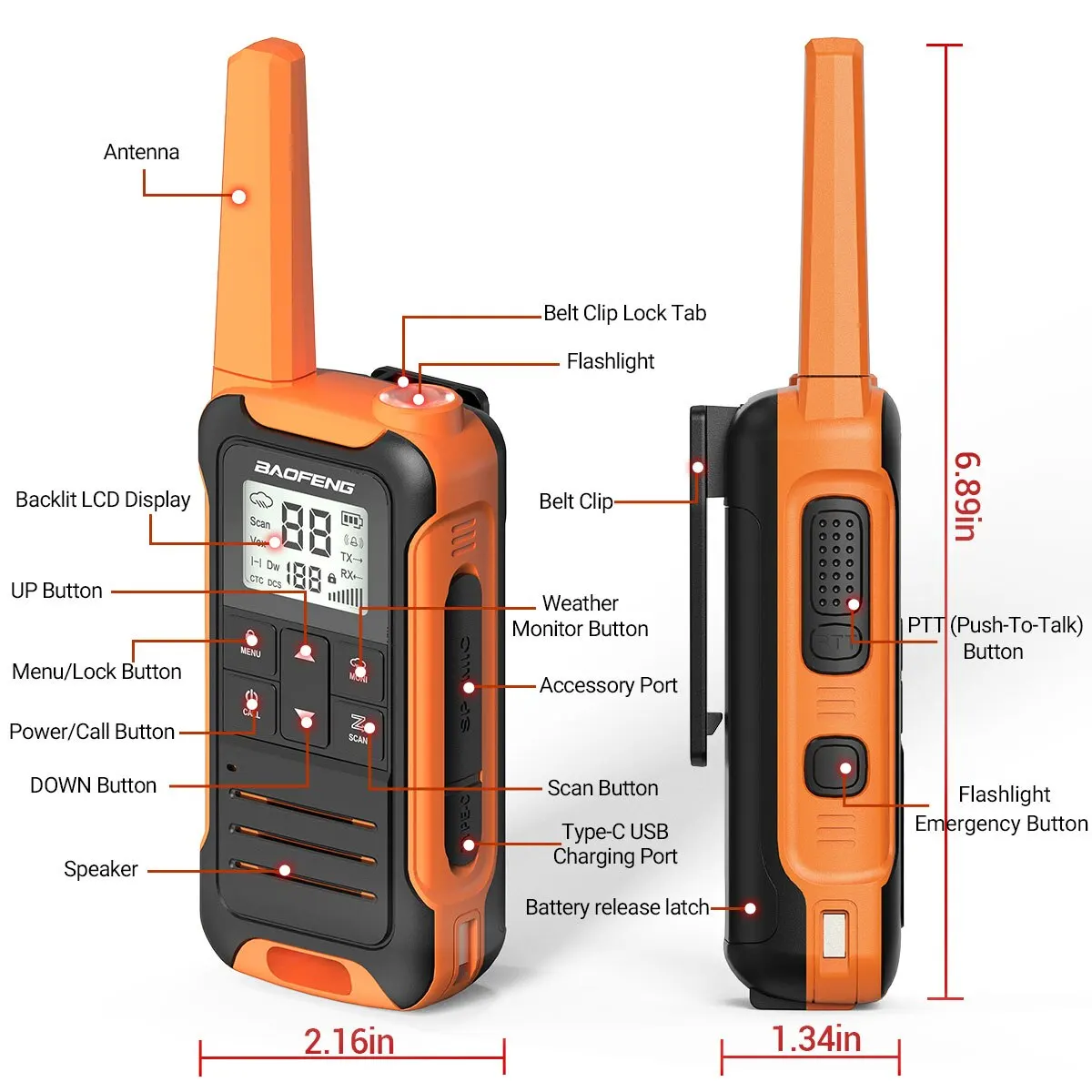 Baofeng-F22 Mini Walkie Talkie, PMR, FRS, Long Range, Recarregável, Portátil, Crianças Rádio em Dois Sentidos, Tipo-C Carregador para Camping Trip,