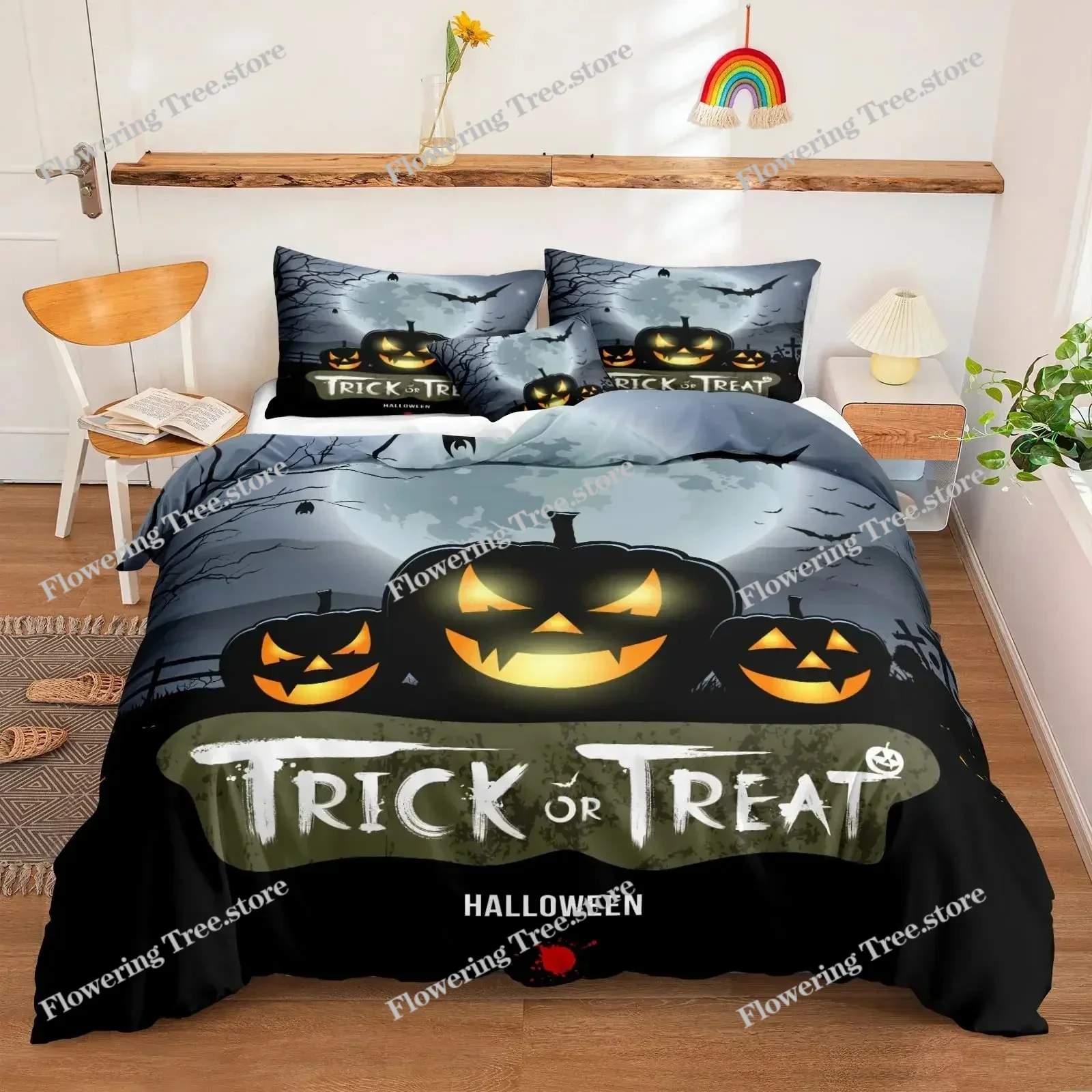 Halloween Tree Bedding Set Queen King Horror Theme Comforter Cover Gothic Spooky Twin Full Duvet Cover Branches Grey Quilt Cover