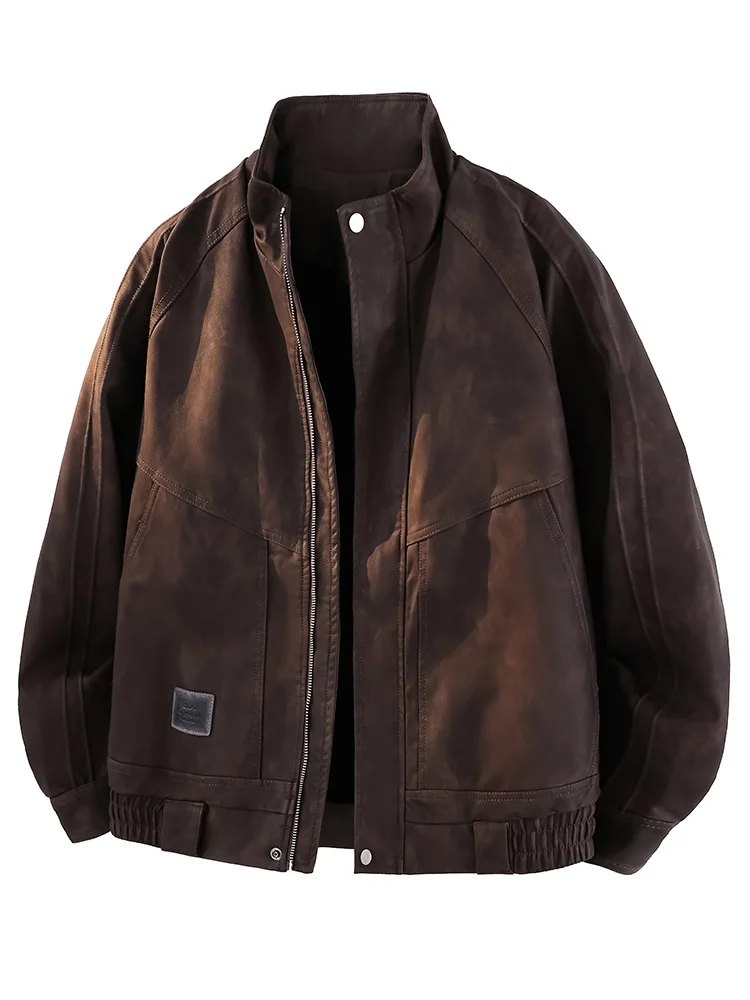 

Jeanswest American Retro Thiened Stand Collar Men's Leather Jaet Spring Autumn Fce Lined Loose Warm Outerwear