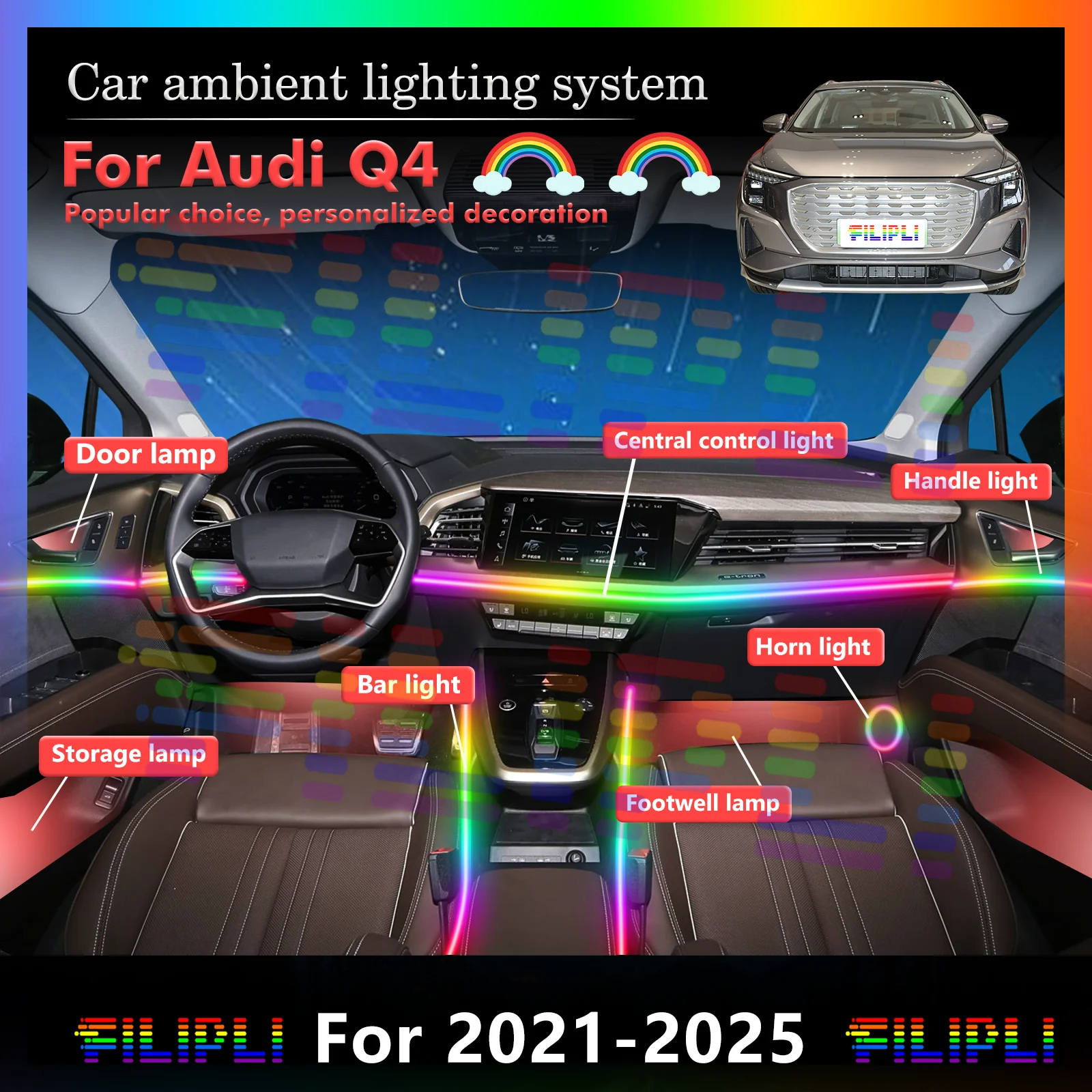 

For Audi Q4 Smart Remote Control Car Interior Ambient Light RGB 64 Colors LED Rainbow Acrylic Strip Energy Saving Efficient Lamp