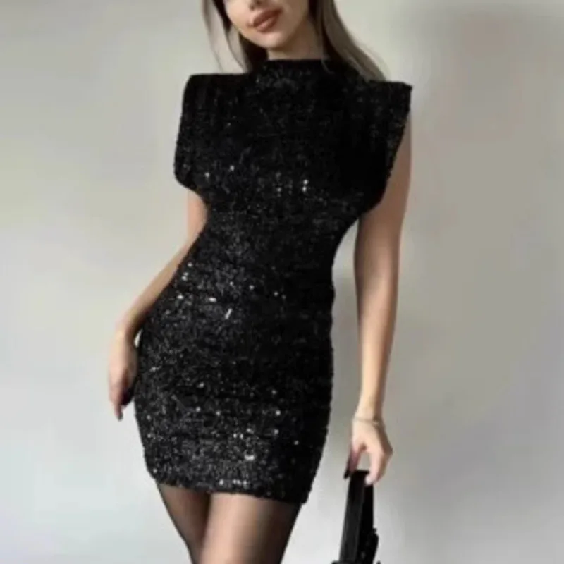 فستان ترتر بدون أكمام مكشوف الأكتاف موضة سليم صالح المرأة Bodycon Bodycon رقبة مستديرة كم أنيق Demeanor فستان قصير #6