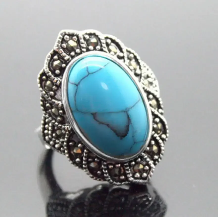 Fijne sieraden 17X30mm Blauwe Turkoois Ovale Edelsteen 925 Sterling Zilver Marcasiet Ring Maat 7/8/9/10