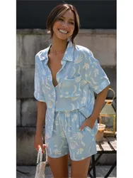 New Printed Tops And Shorts Fashion Set Women Turn-down Collar Button Shirt Casual 2 Piece Set Summer Office Party Sets