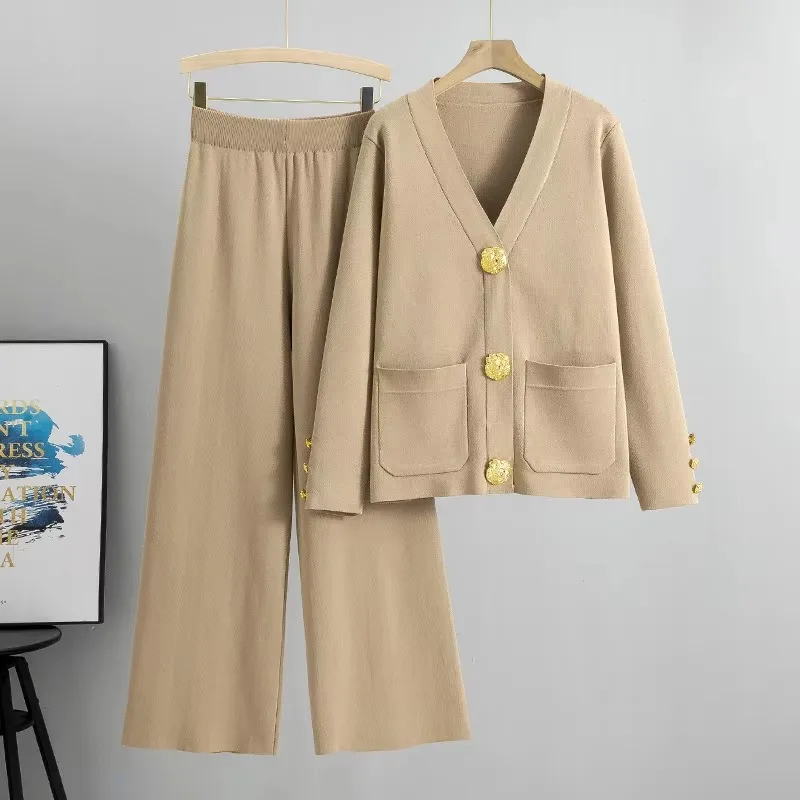 Elegant Knitted Pockets Sweater Cardigan 2-Piece Women Sets Autumn Winter 2026 New Fashion Loose Casual Wide Leg Pant Suit Woman