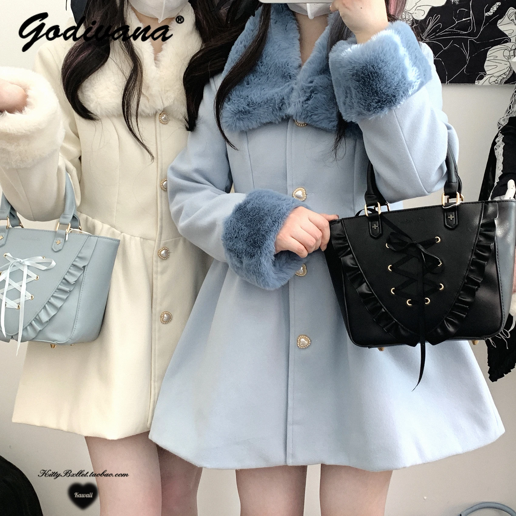 Sweet Girls Lolita Woolen Coat New Autumn and Winter Elegant Women's Removable Fur Collar Single-breasted Wool Jacket Overcoat