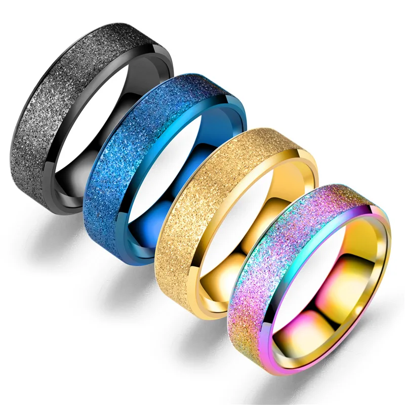 2024 Hot Selling Stainless Steel Double Bevel Four-color Frosted Couple Ring For Women Men Jewelry Gifts  Size 5-12