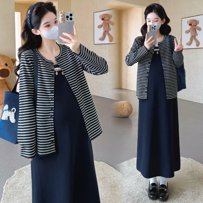 Maternity Suit Spring Autumn 2026 Minimalist Cute Striped Cardigan And Spaghetti Strap Dress Two Piece Set For Pregnant Women