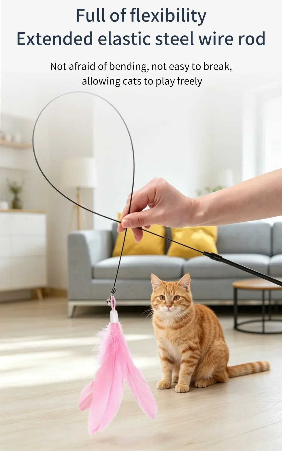 Katzenspielzeug mit Saugnapf, Katzenangel mit Glocke, Verlängerungsstab, Interaktives Federspielzeug für Katzen, Langlebiger Austauschbarer Federkopf – Detail 4