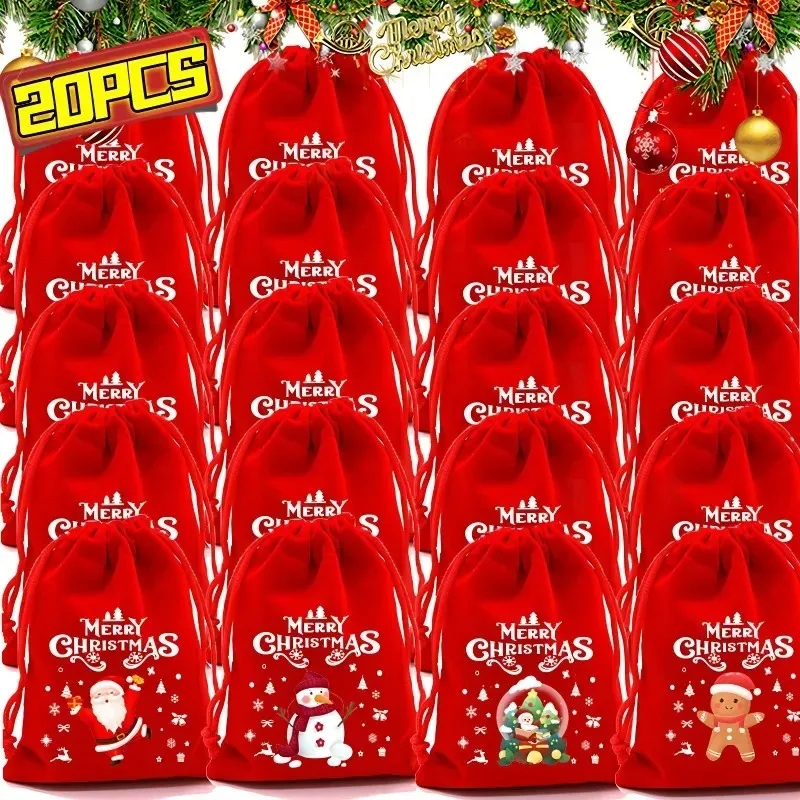 

20PCS Drawstring Christmas Velvet Bags Red Gift Packaging Bag Candy Biscuit Pouch Merry Christmas Bracelet Jewelry Storage Bag