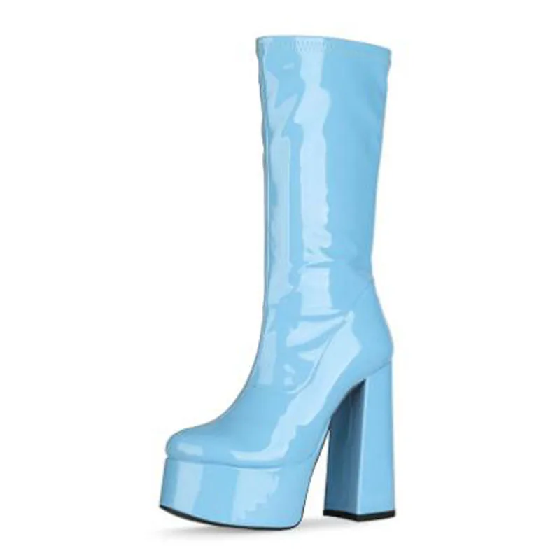 السماء الزرقاء الساخن الوردي الأصفر براءات الاختراع والجلود جولة تو منصة حذاء بكعب سميك سليم حذاء برقبة للركبة النساء فاسق عالية الكعب أحذية طويلة