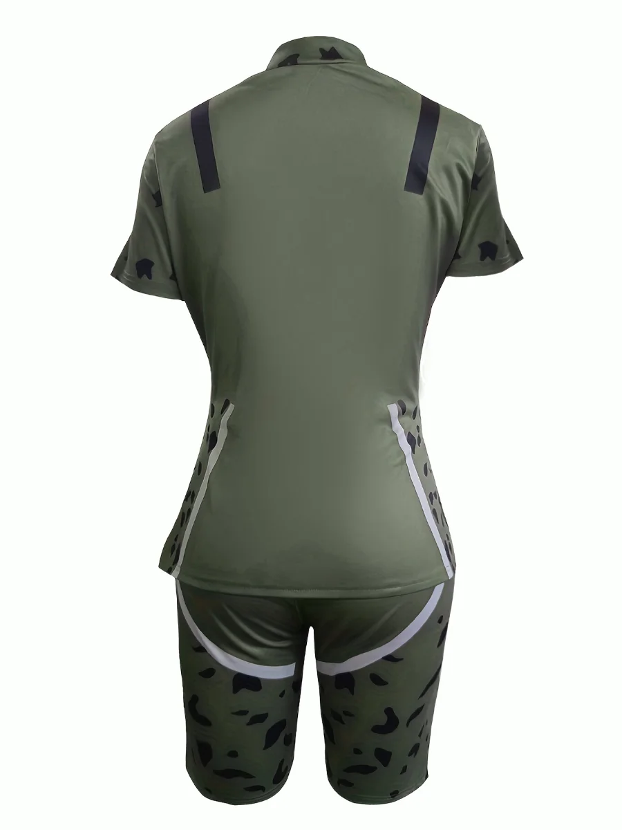 LW Sporty Leopard Print Patchwork Army Green Two Piece Shorts Set High Street Short Sleeve Top& Skinny Shorts Outfits