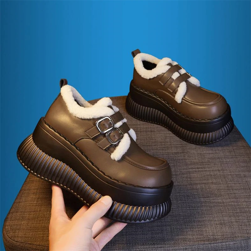NEW Winter Women Platform Cotton Shoes Female Warm Plush Loafers Thick Bottom Casual Short Boots Ladies Microfiber Leather Shoes