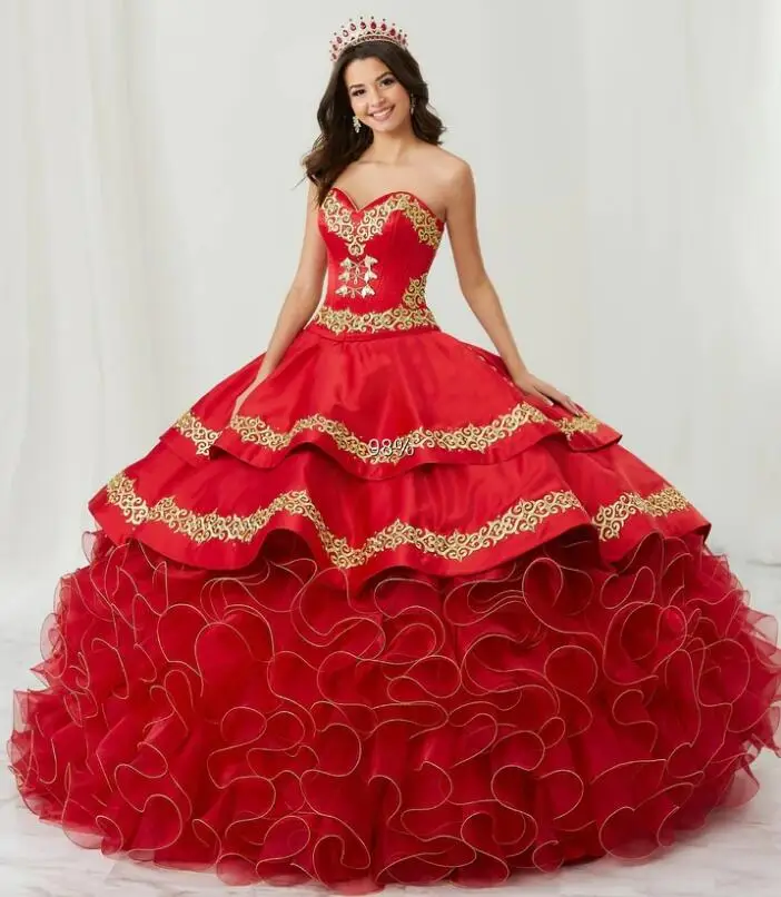 Red Charro Quinceanera Dresses Ball Gown Sweetheart Organza Appliques Mexican Sweet 16 Dresses 15 Anos