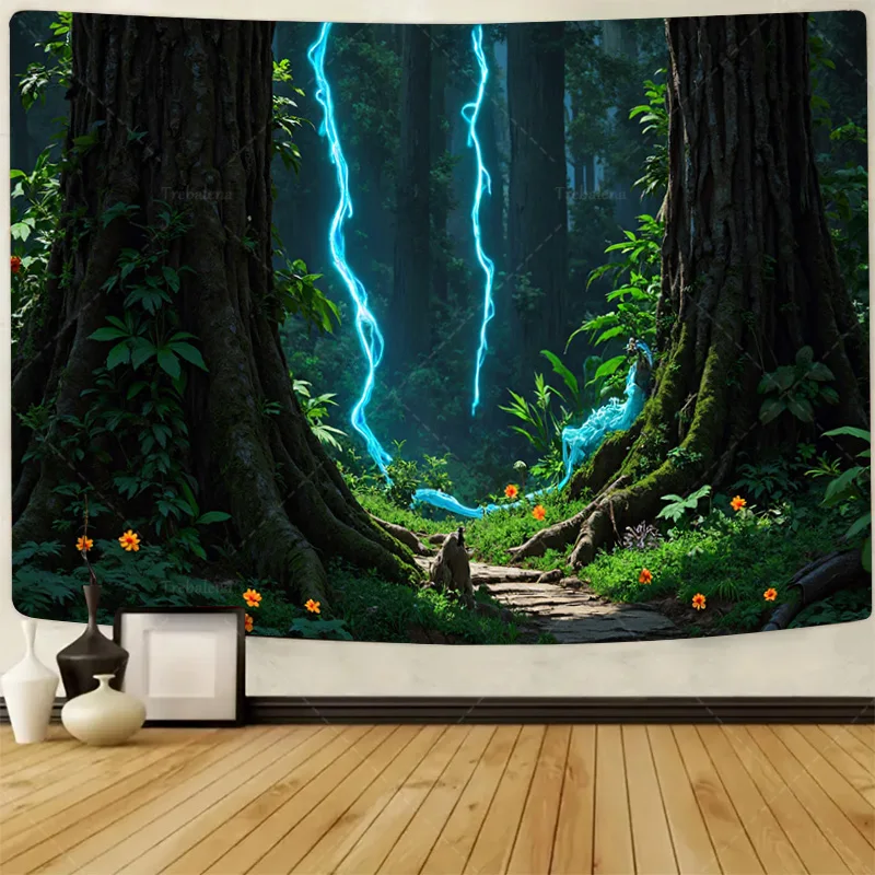 

1pc Wall Tapestry Enchanted Forest Tapestry with Blue Lightning and Stone Pathway