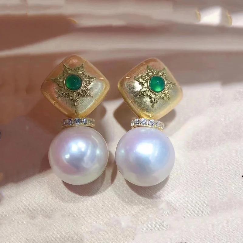 

S925 Silver Retro Brushed Natural Pearl Earrings, 8-9mm Edison Round Strong Light Pearl Stud Earrings