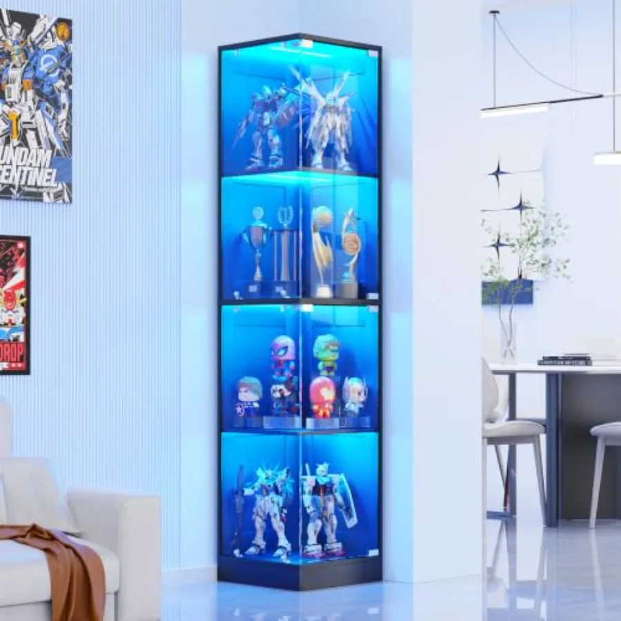 Corner display cabinet with glass doors, MDF wood in white, 3-color LED lights and human body sensor for collectibles, toys, bo