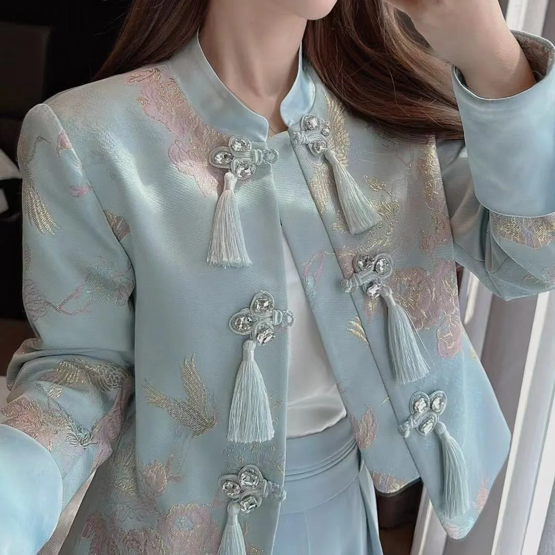 

Faionable Long Sve Print Jaet, женская свободная верхняя одежда с воротником-стойкой и пуговицами, модный топ для весеннего сезона