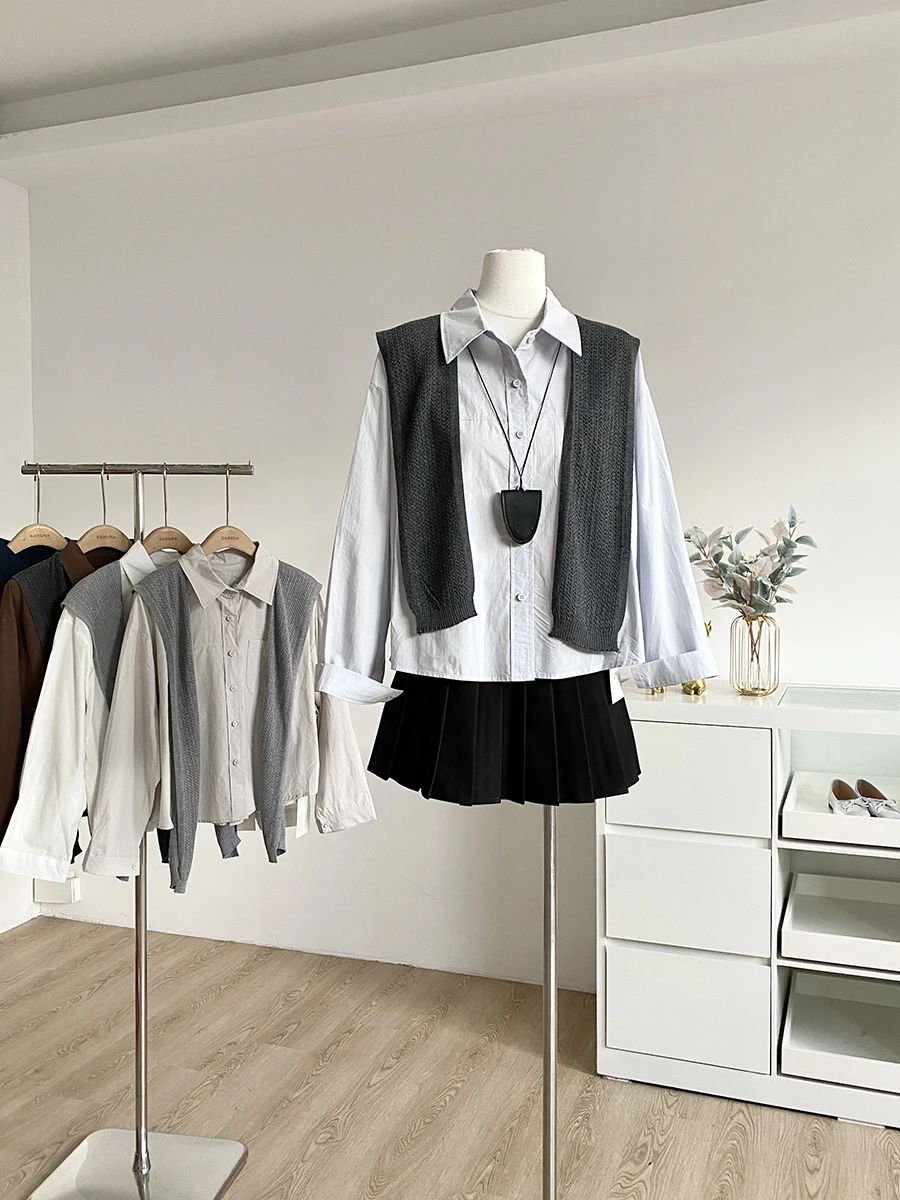 

2025 Autumn New Style Korean Loose Casual Long Sleeve Shirt Women's Fashion Pure Color Versatile Shirt with Shawl Set