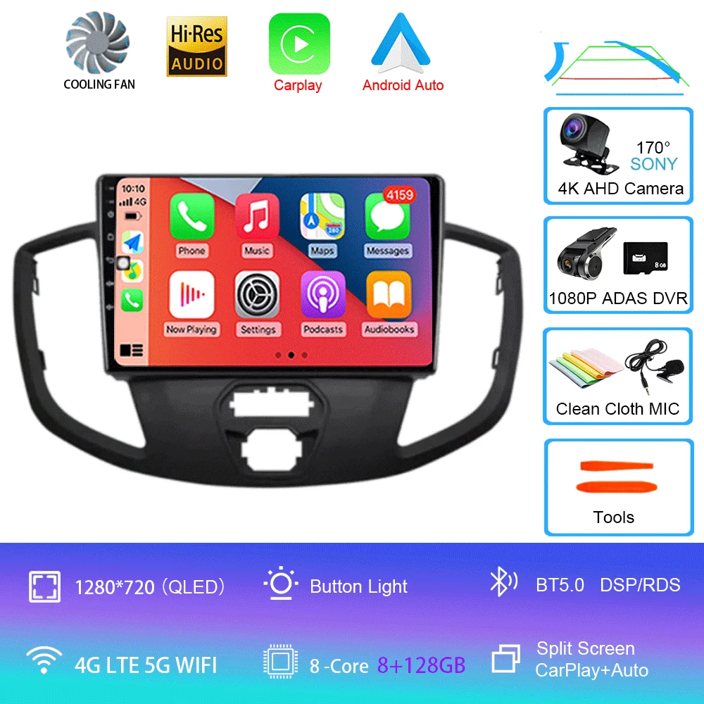 Android 16 Draadloze Carplay & Auto WIFI + 4G voor Ford Transit 2015 2016 2017 2018 autoradio multimediaspeler stereo 2D