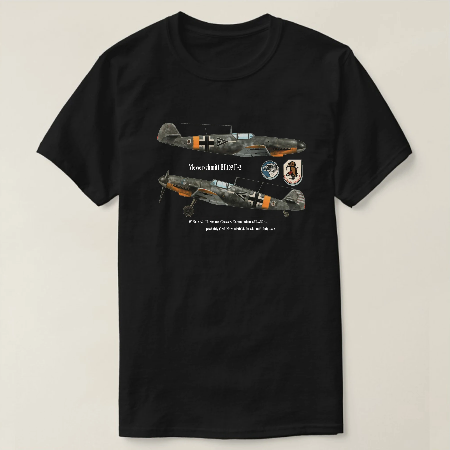 

WWII JG 51 Hartmann Grasser Bf 109 F-2 Fighter T-Shirt Short Sleeve Casual 100% Cotton O-Neck Mens T-shirt Size S-3XL