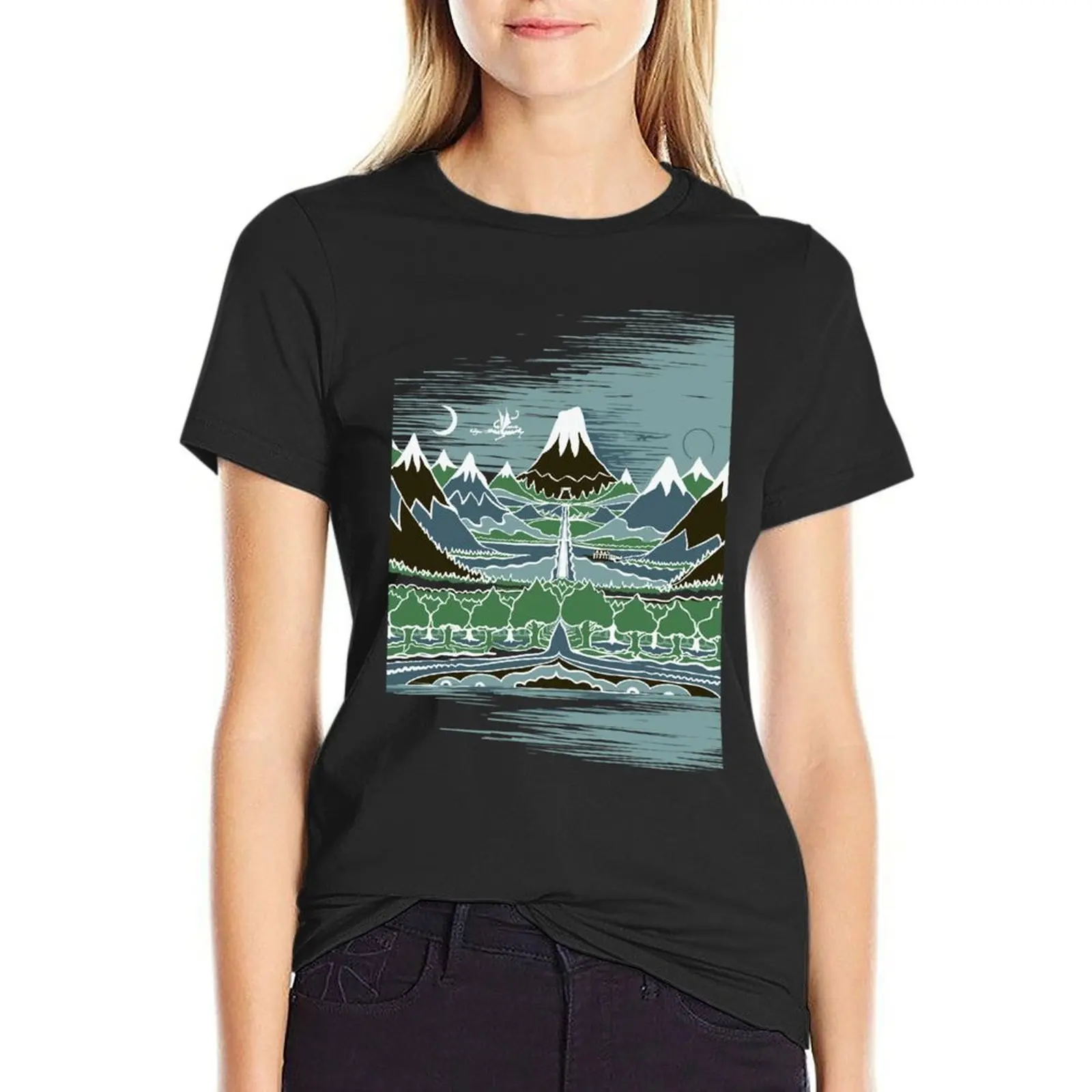 A Halflings journey on a mountain path through an elven wood in the style T-Shirt quick-drying Women's cotton t-shirt