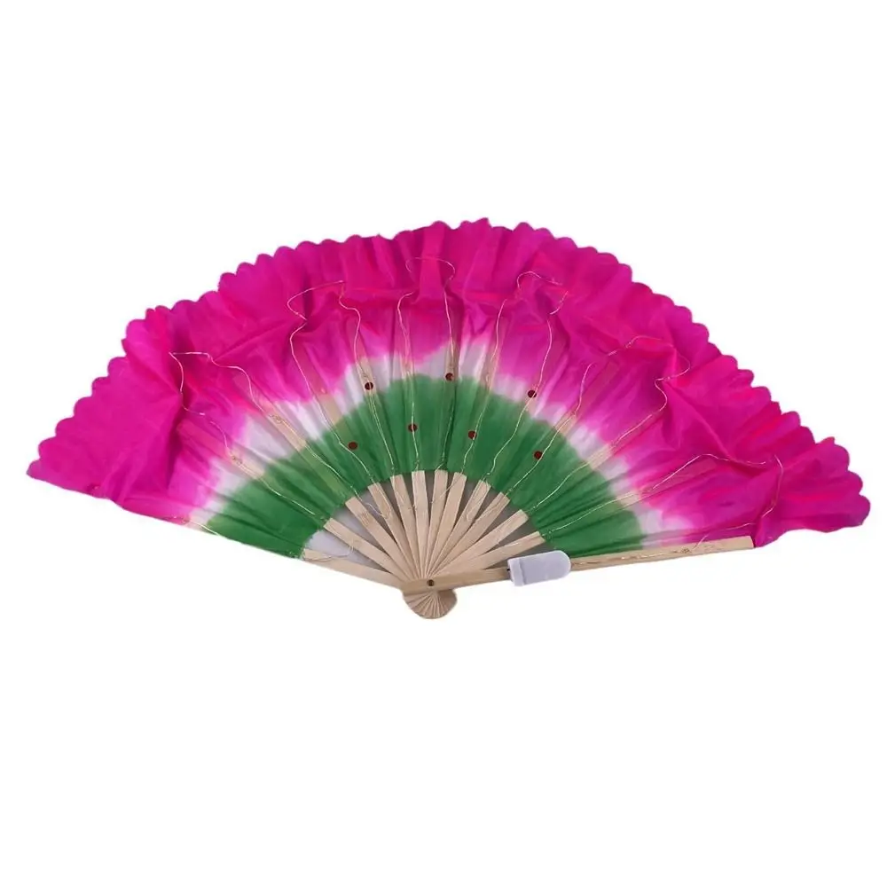 30.5cm bambu + 10cm meio círculo de seda chinês curto ventilador de dança do ventre iluminação 6 cores pares de véu yangko prop dança fãs de bambu