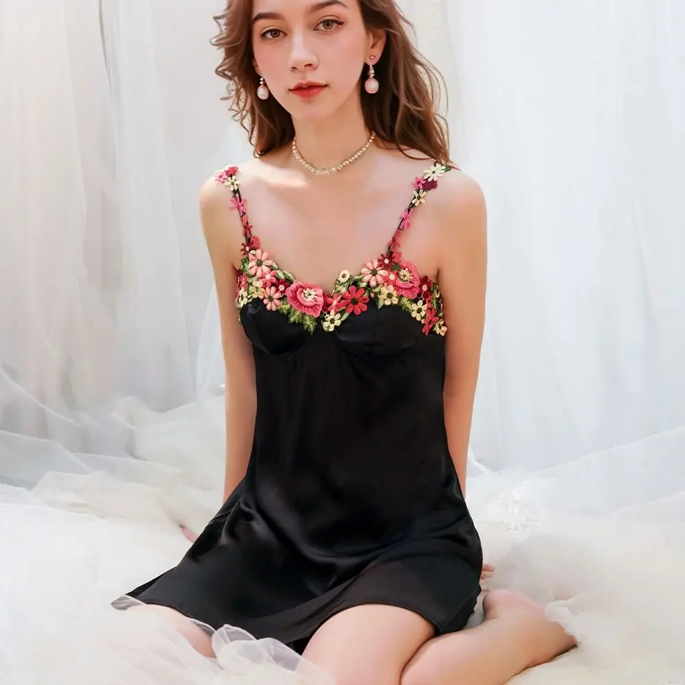 

Flower Embroidery Women's Pajama Dress Beauty Back Thin Satin Silk Suspender Nightdress Sleeveless Sleepwear
