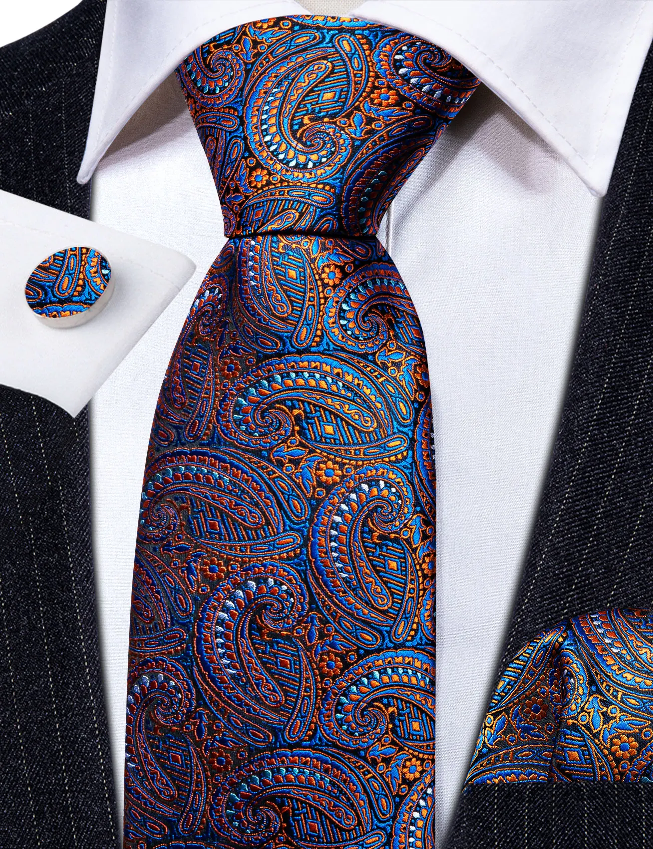 Fashion Blue Paisley Men Silk Necktie Brooches Men Tie Handkerchief Cufflinks Sets Men Gift Barry.Wang Designer
