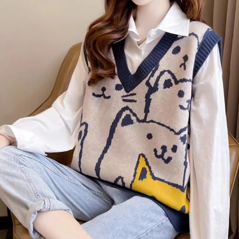 Women Sweater Vests Cat Print Knit Pullover Sleeveless V-neck Tank Sweater Autumn Winter Loose Fitting Top Streetwea Vintage