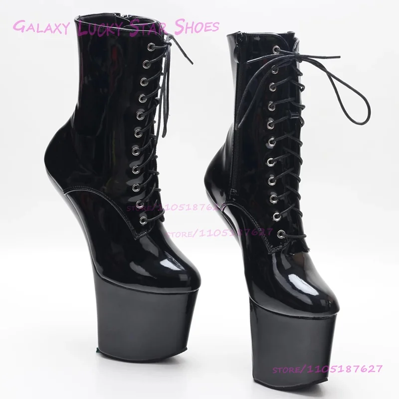 

Black Patent Leather 20Cm Platform Boots Without Heels Shiny Red Lace Calf Boots White Round Pole Dancing Blue Stage Club Shoes