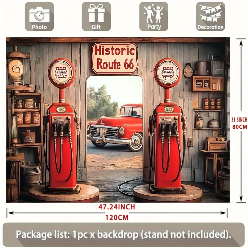 Retro Route 66 Tapestry Wall Hanging Vintage Gas Station Car Theme Banner Weather-Resistant Party Backdrop Nostalgic Home Decor
