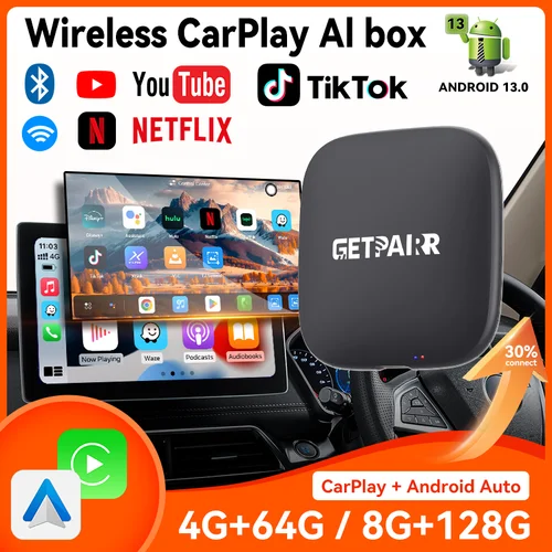 Imagen 1 del producto GetPairr P1 Android 13 Wireless CarPlay Ai Box Adaptador Android Auto 8+128GB YouTube Netflix Video para el 99% de los autos con CarPlay con cable