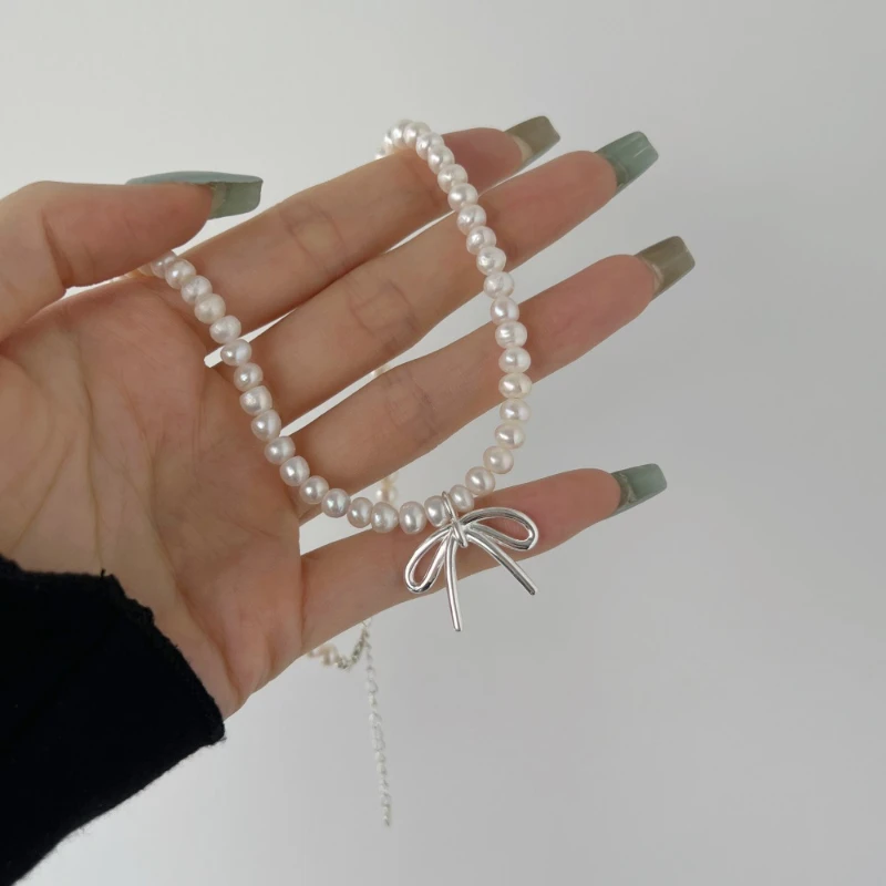 New S925 Sterling Silver Necklace with Female Line Bow, Elegant and Fashionable Style, Freshwater Pearl Neckchain