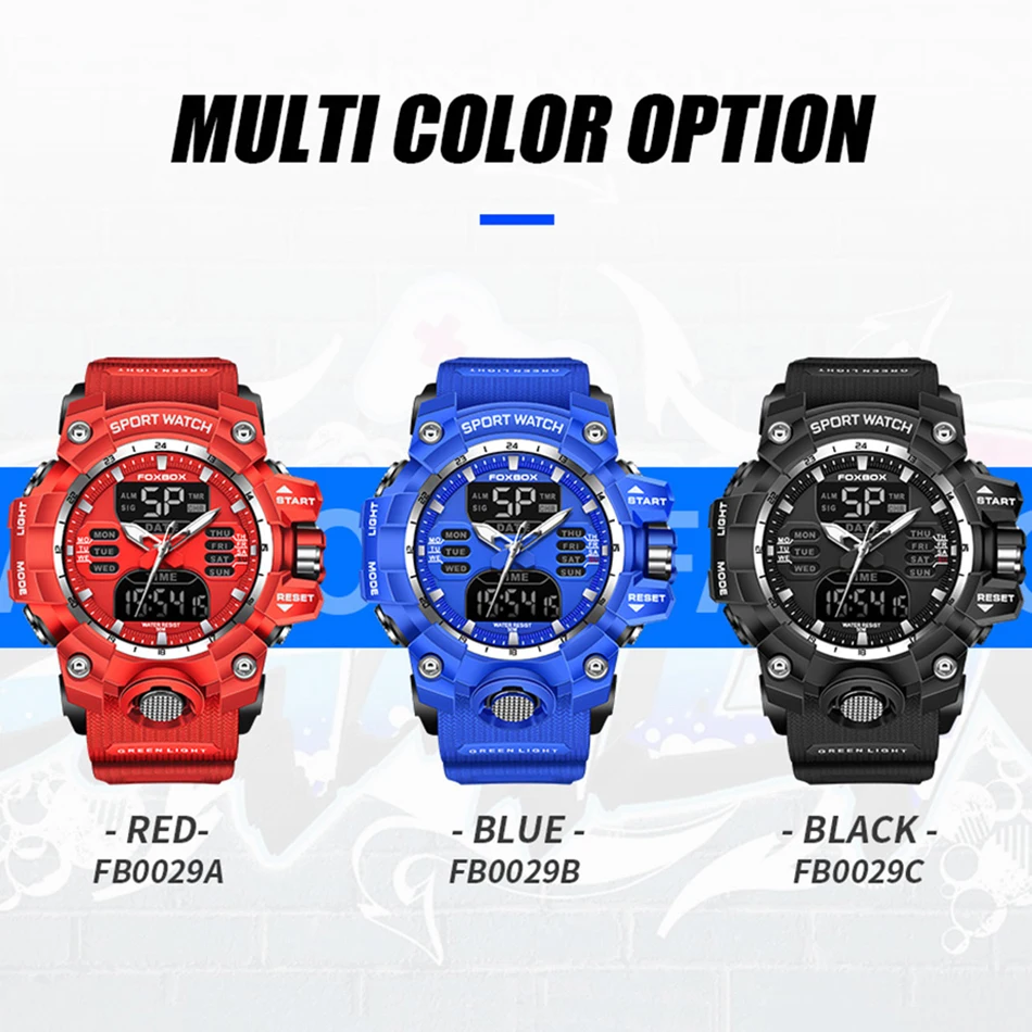 FOXBOX Waterproof Watches for Men Luxury Sport Chronograph Alarm Wristwatch Military Quartz Clock Digital Male Watch Student